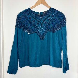 Anthropologie Antik Batik Teal Beaded Cotton Top Women’s Small Bohemian Boho EUC